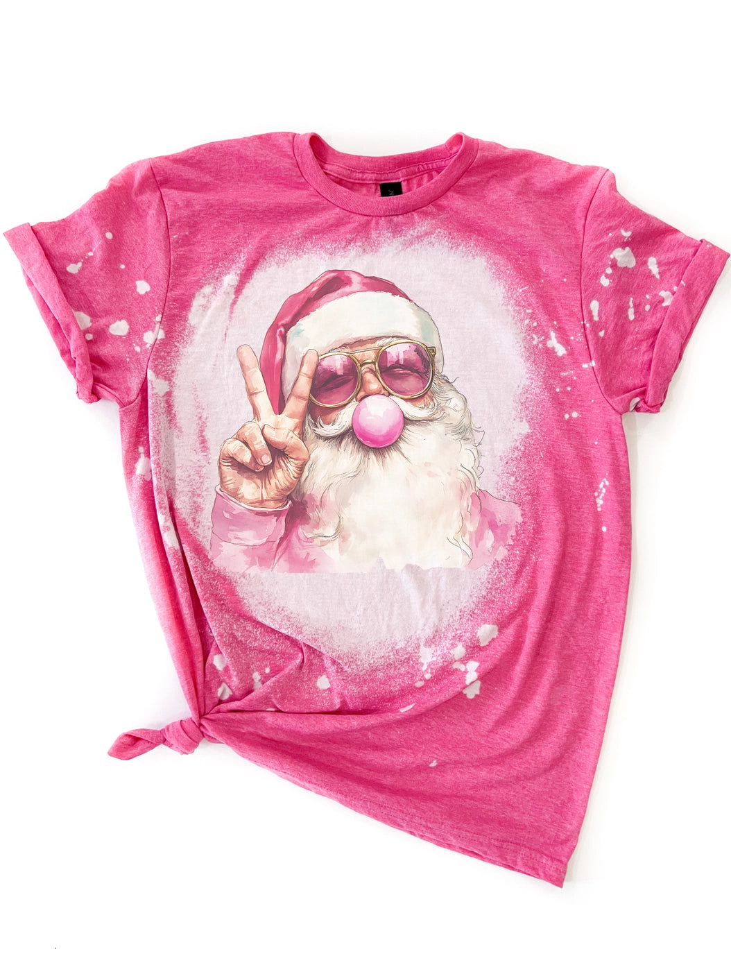 Hot Pink Peace & Love Santa Graphic Bleached T-Shirt