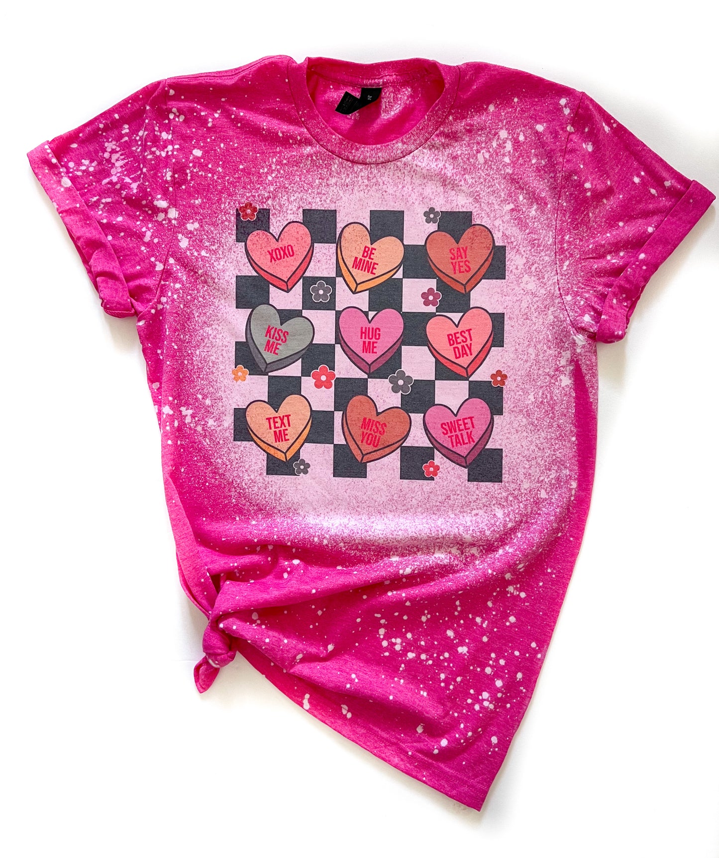 Checkered Conversation Hearts Valentine's Day Bleached Tee
