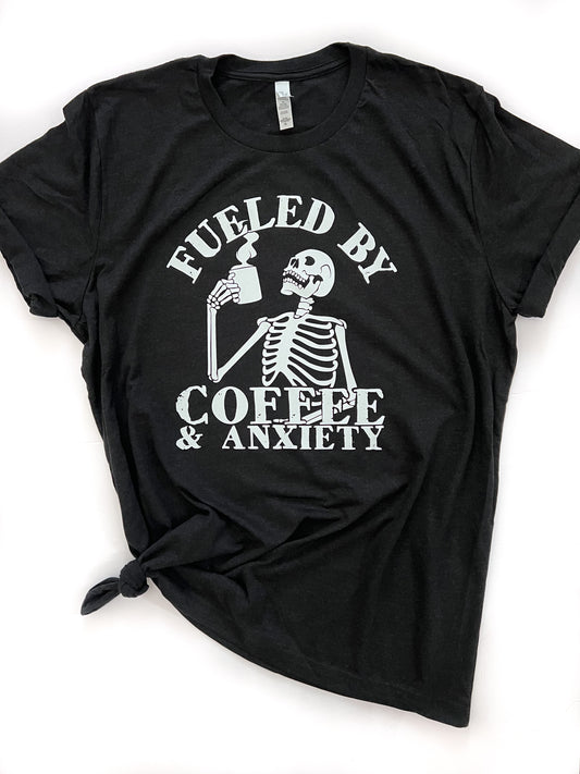 Fueled By Coffee and Anxiety Skeleton Graphic Tee