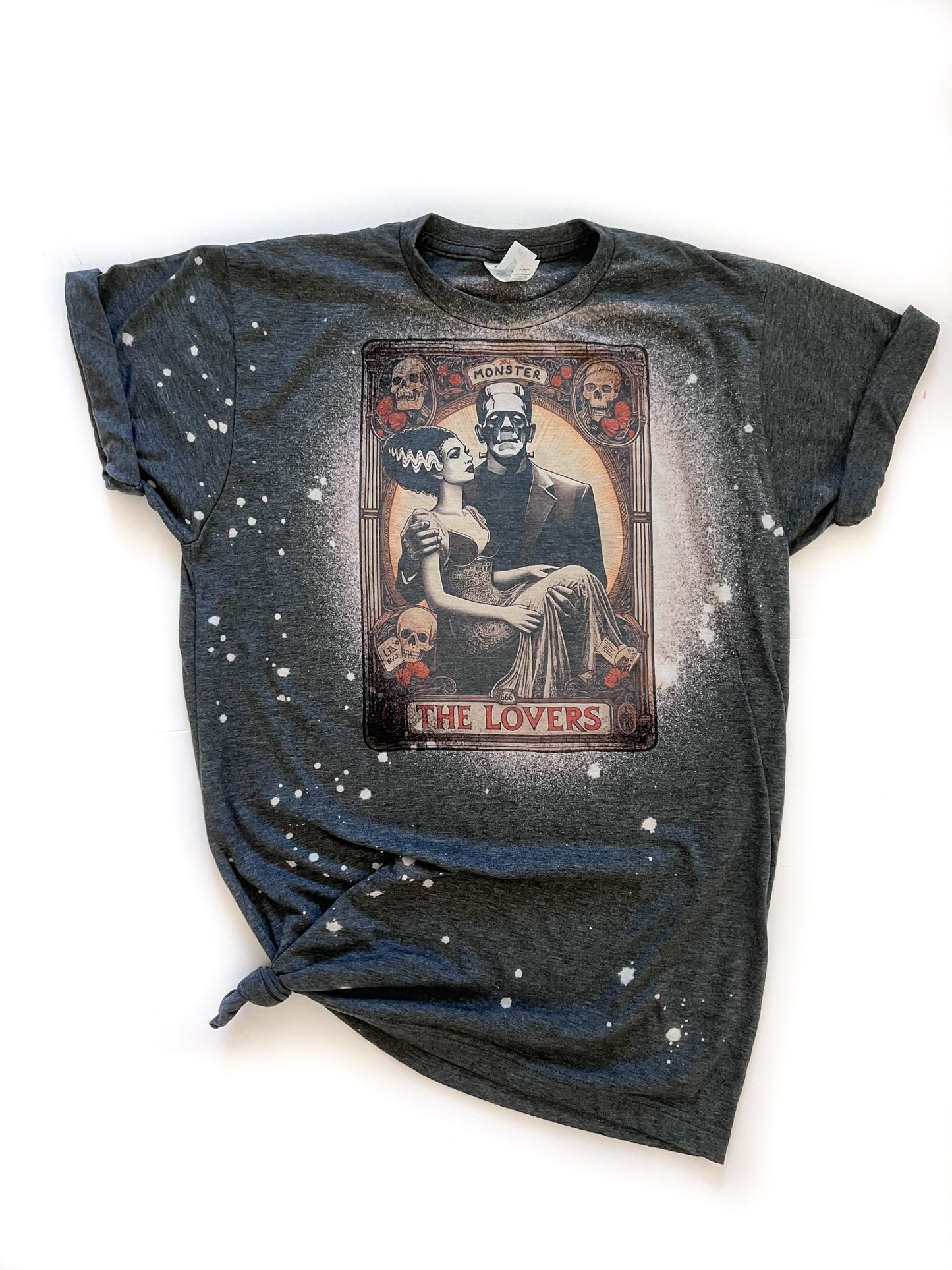 The Lovers Tarot Frankenstein and Bride Halloween Bleached Tee