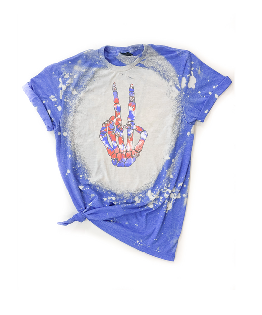 4th Of July Skeleton Peace Sign Bleached T-Shirt
