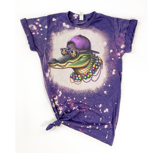 Mardi Gras Gator With Beads New Orleans NOLA Vintage Bleached Tee