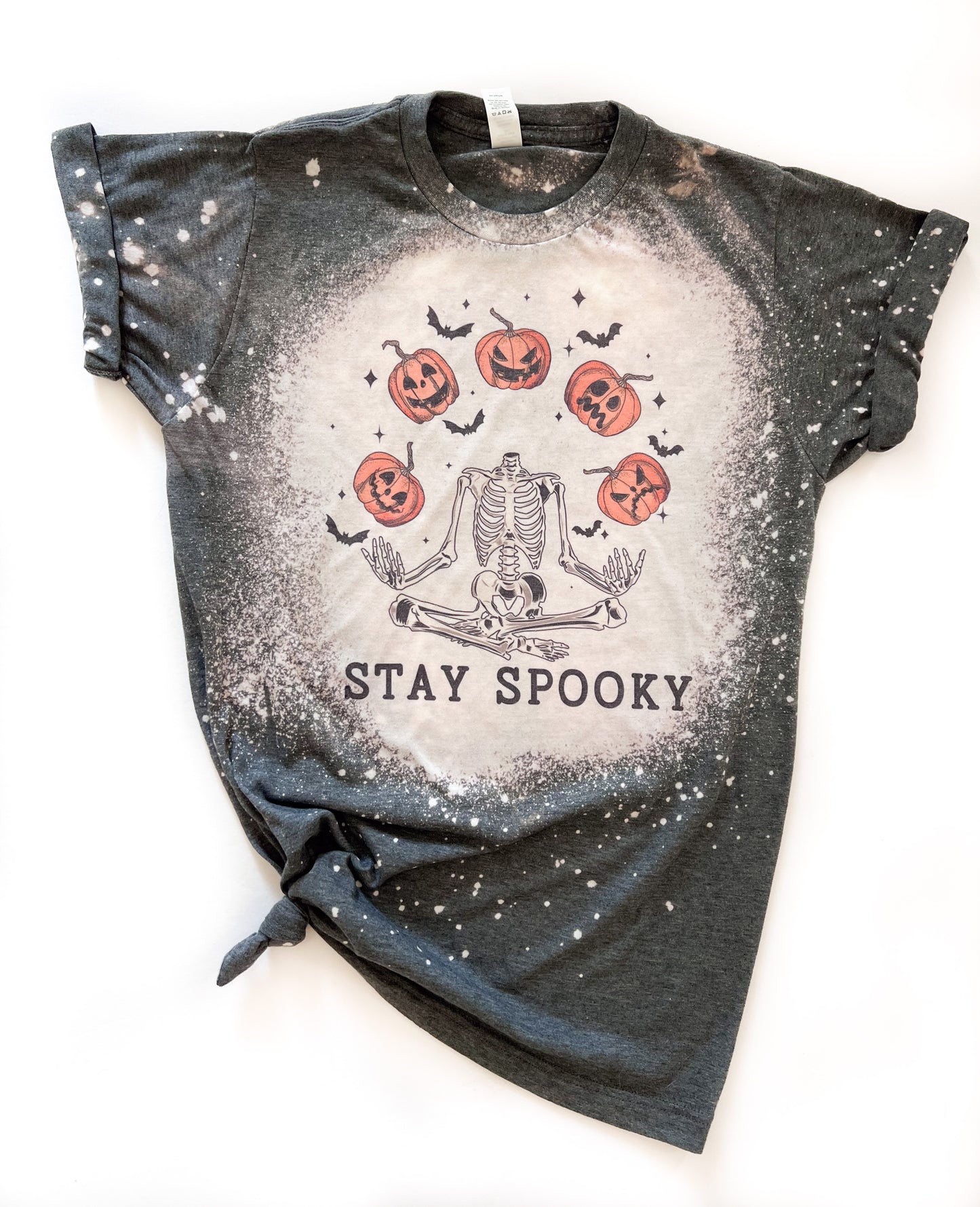 Stay Spooky Skeleton Juggling Pumpkins Halloween Bleached Tee